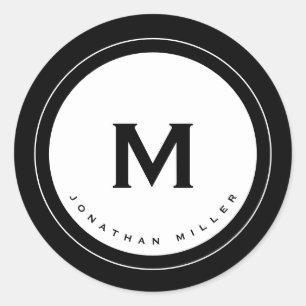 Adesivo Redondo Monograma preto e branco simples Nome inicial