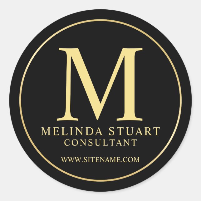 Adesivo Redondo Monograma preto e Dourado Elegante (Frente)