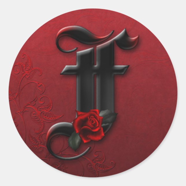 Adesivo Redondo Monograma preto e Rosa vermelha F Sticker (Frente)