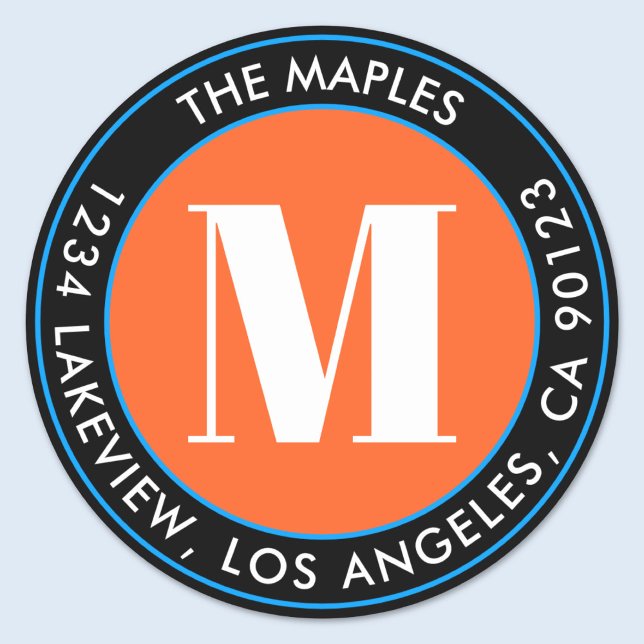 Adesivo Redondo Monograma preto Laranja escuro Endereço de devoluç (Criador carregado)