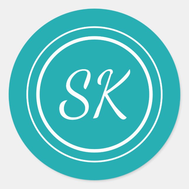 Adesivo Redondo Monograma Profissional Elegante de Script Teal (Frente)