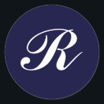 Adesivo Redondo Monograma R, script branco em azul marinho<br><div class="desc">Monograma R,  script branco em azul marinho</div>