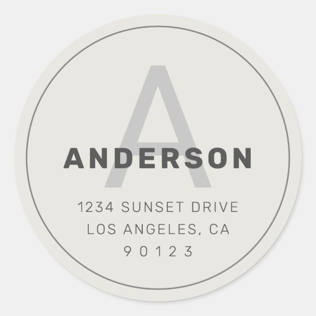 Adesivo Redondo Monograma Retro-Moderno | Cinzas Escuras e Branco  (Frente)