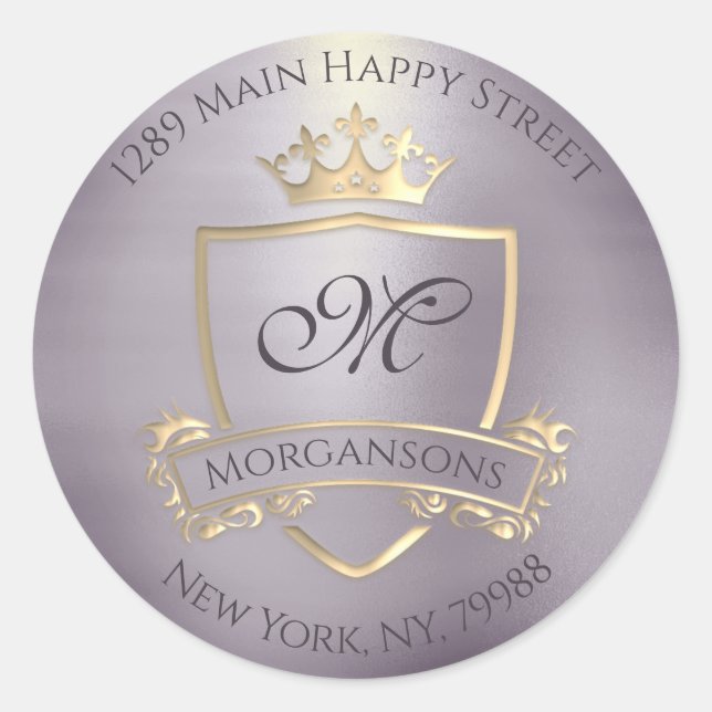 Adesivo Redondo Monograma Return Address Crown Royal Dourado Cinza (Frente)