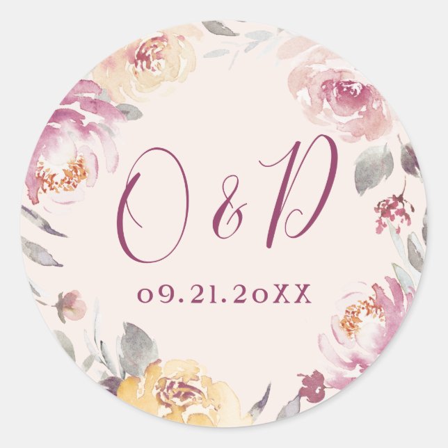 Adesivo Redondo Monograma romântico de casamentos com aquarela de  (Frente)