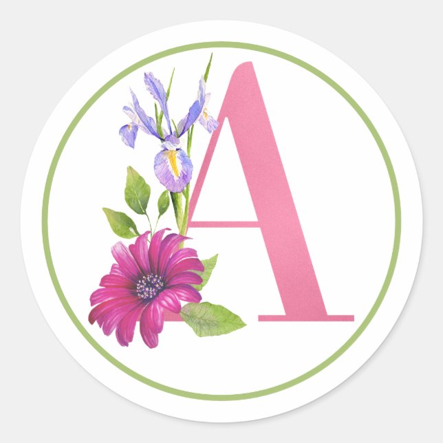 Adesivo Redondo Monograma Rosa A com Flores de Verão (Frente)