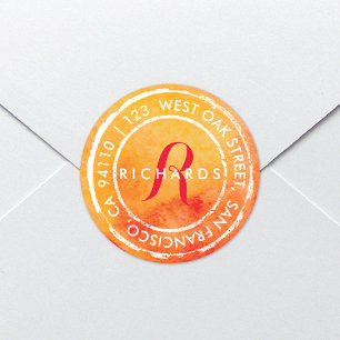 Adesivo Redondo Monograma Russo de Aquarela   Rótulo de endereço