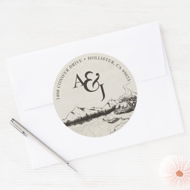 Adesivo Redondo Monograma Rustic Winter Mountain Wedding (Envelope)