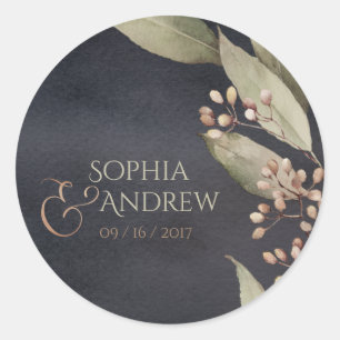 Adesivo Redondo Monograma rústico com vegetação botânica escur