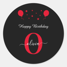 Adesivo Redondo Monograma Script Feliz Aniversário Preto Vermelho 