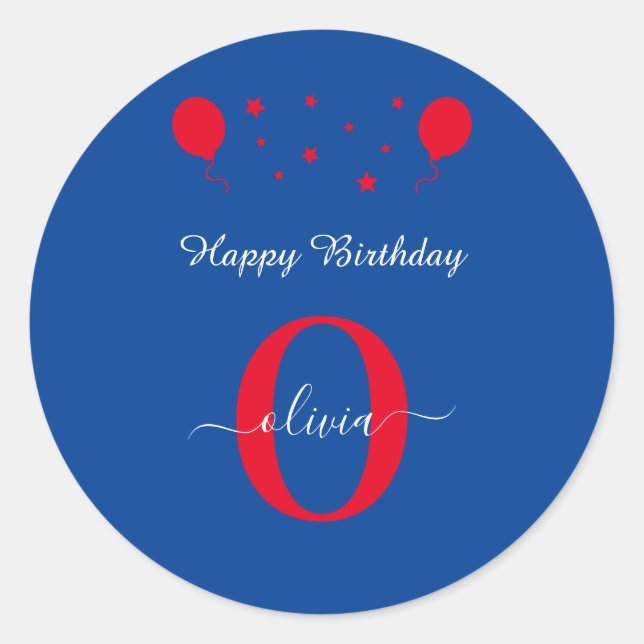 Adesivo Redondo Monograma Script Happy Birthday Blue Red (Frente)