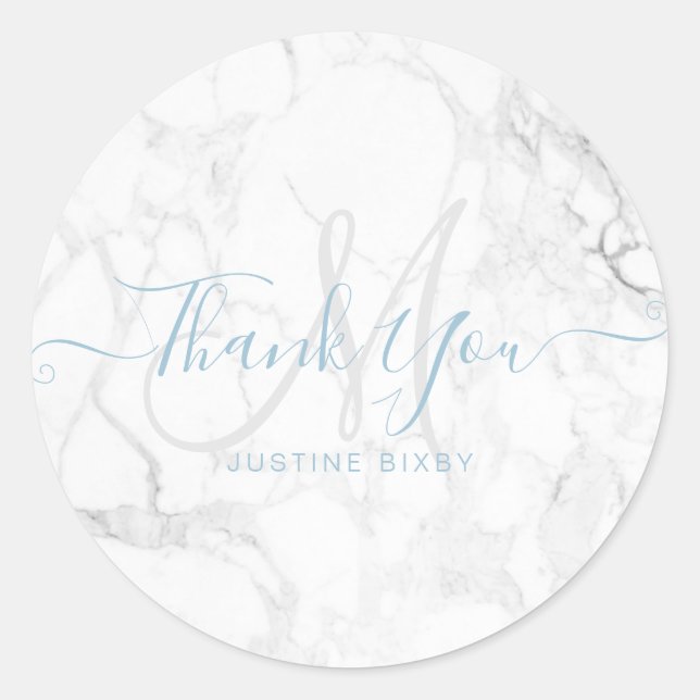 Adesivo Redondo Monograma - Script Marble Obrigado, DIY Dusty Blue (Frente)