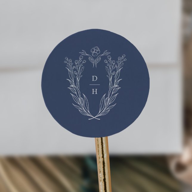 Adesivo Redondo Monograma Simples Azul Escuro Azul Moderno de Casa (DAPHNE Simple Dark Blue Modern Wedding Monogram Classic Round Sticker)