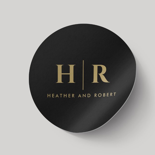 Adesivo Redondo Monograma Simples Chic Preto Clássico Dourado (Criador carregado)