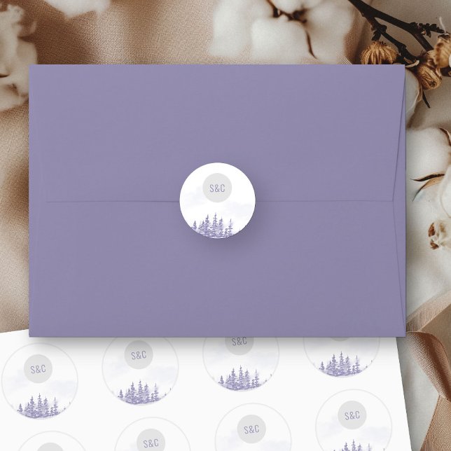 Adesivo Redondo Monograma Simples de Casamento Florestal de invern (Monogrammed envelope seals from my Winter Forest Lavender Wedding Collection)