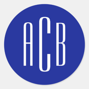 Adesivo Redondo Monograma Simples de Três Letras Azul Real e Branc