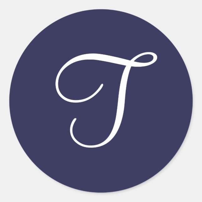 Adesivo Redondo Monograma T, Branco sobre Marinho Azul, (Frente)