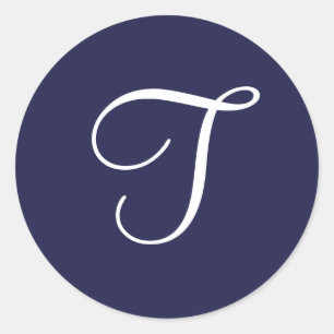 Adesivo Redondo Monograma T, Branco sobre Marinho Azul,