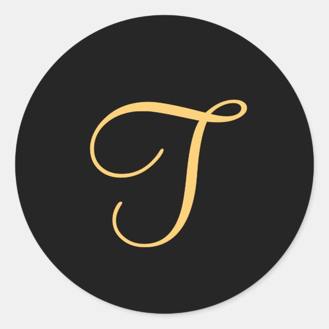 Adesivo Redondo Monograma T, cor dourada inicial T a preto, (Frente)