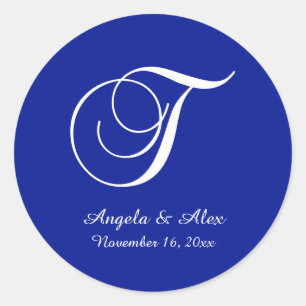 Adesivo Redondo Monograma T do Script Decorativo Azul Branco e Rea