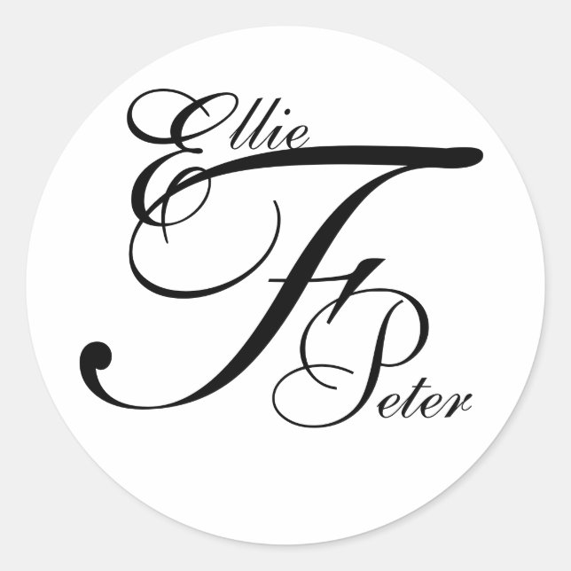 Adesivo Redondo Monograma Três Letras e Nomes Vinheta de Casamento (Frente)