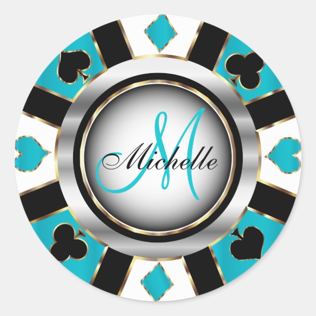 Adesivo Redondo Monograma Turquoise Casino Poker Design (Frente)