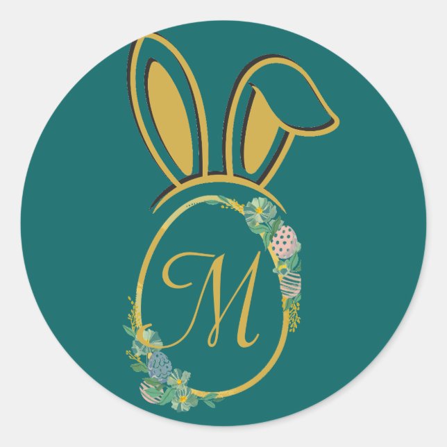 Adesivo Redondo Monograma Único de Coelhinhos de Páscoa (Frente)