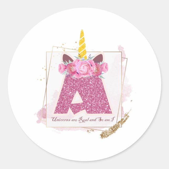 Adesivo Redondo Monograma Unicorn Um Autocolante Personalizado (Frente)