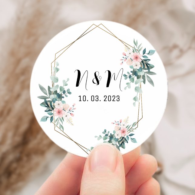 Adesivo Redondo Monograma Verde Elegante Casamento Eucalyptus (Elegant Green Monogram Eucalyptus Wedding Classic Round Sticker)