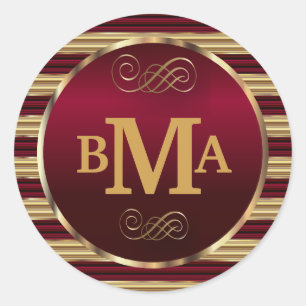 Adesivo Redondo Monograma Vermelho Escuro e Dourado Foco de Envelo