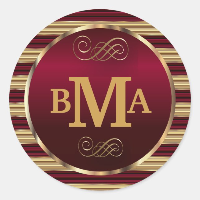 Adesivo Redondo Monograma Vermelho Escuro e Dourado Foco de Envelo (Frente)