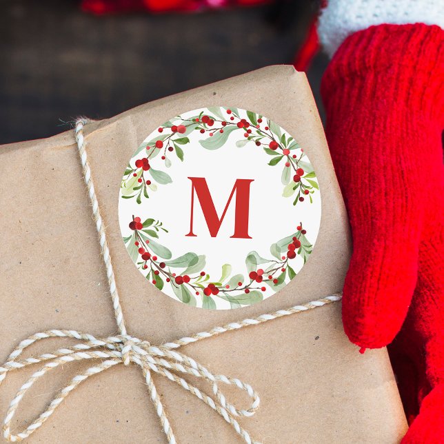 Adesivo Redondo Monograma Vermelho Moderno Wreath Berries Natal (Criador carregado)