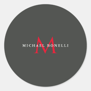 Adesivo Redondo Monograma Vermelho Negro Moderno Monograma Minimal