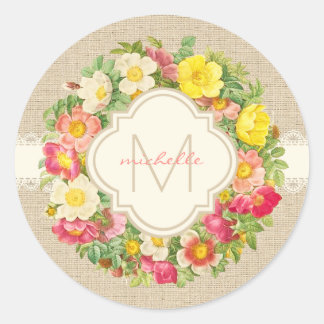 Adesivo Redondo Monograma Vintage Floral Wreath Linen Round Sticke