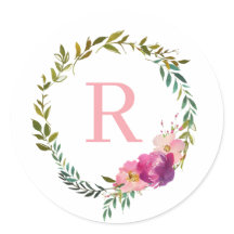 Monograma Watercolor Laurel Pink Flower Wreath