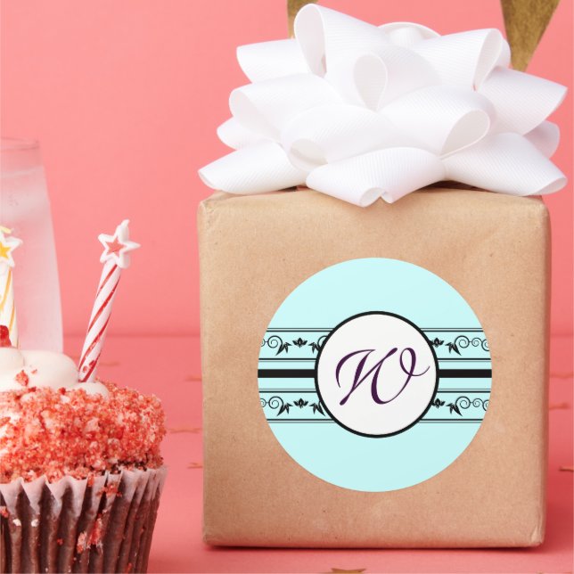 Adesivo Redondo Monograma Wedding Aqua Blue Borders (Festa)