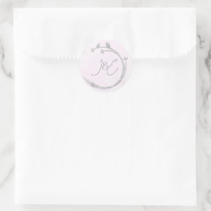 Adesivo Redondo Monogramas Aquarela Cinza Pássaros Amorosos Galho