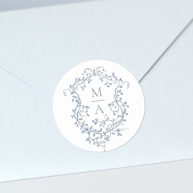 Adesivo Redondo Monogramas azuis Elegantes Florais Crest (Criador carregado)