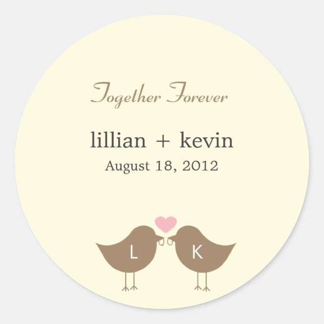 Adesivo Redondo Monogramas Birds Wedding Favor Sticker - Latte (Frente)