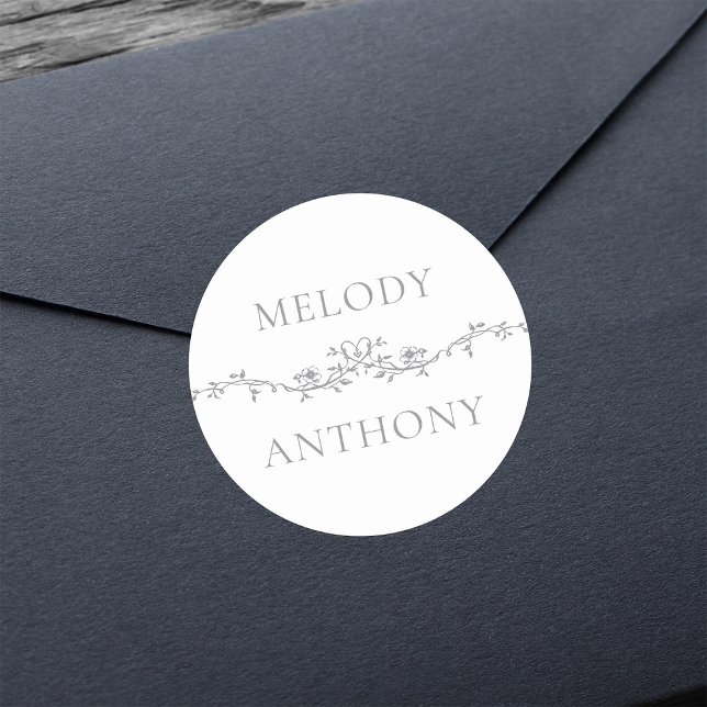 Adesivo Redondo Monogramas de borda floral Elegante de cinza (Criador carregado)