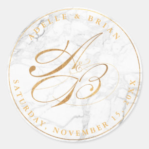 Adesivo Redondo Monogramas de Caligrafia Dourada Falsa DIY/ Mármor
