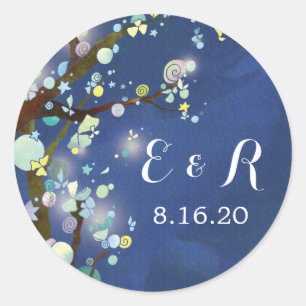 Adesivo Redondo Monogramas de Casamento Azul da Floresta Noturna