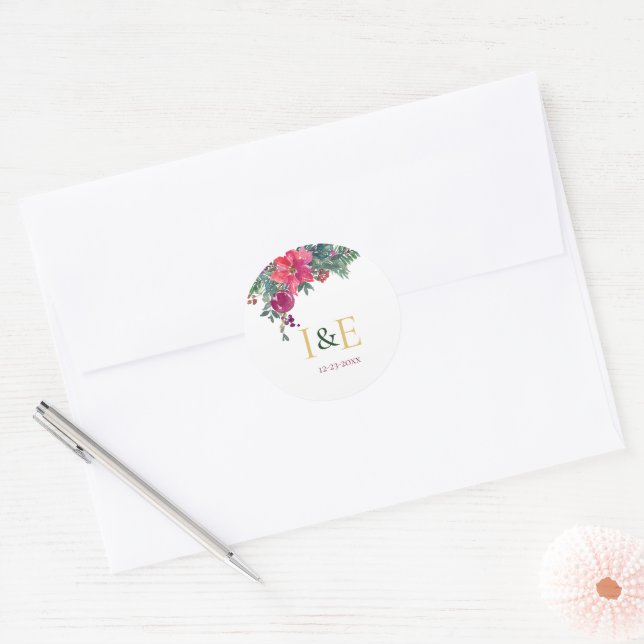 Adesivo Redondo Monogramas de Casamento Floral de Natal Rosa (Envelope)