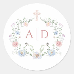 Adesivo Redondo Monogramas de Casamento Religioso de Moldura Flora