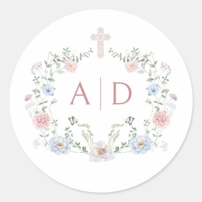 Adesivo Redondo Monogramas de Casamento Religioso de Moldura Flora (Frente)