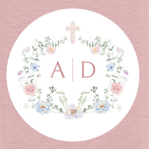 Adesivo Redondo Monogramas de Casamento Religioso de Moldura Flora