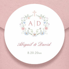 Adesivo Redondo Monogramas de Casamento Religiosos com Moldura Flo