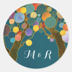 Adesivo Redondo Monogramas de Casamento Teal de Árvores de Amor