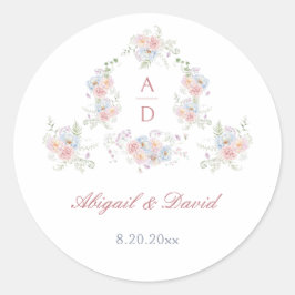 Adesivo Redondo Monogramas de casamentos de pastel Peonies