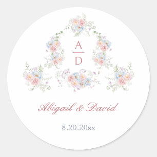 Adesivo Redondo Monogramas de casamentos de pastel Peonies